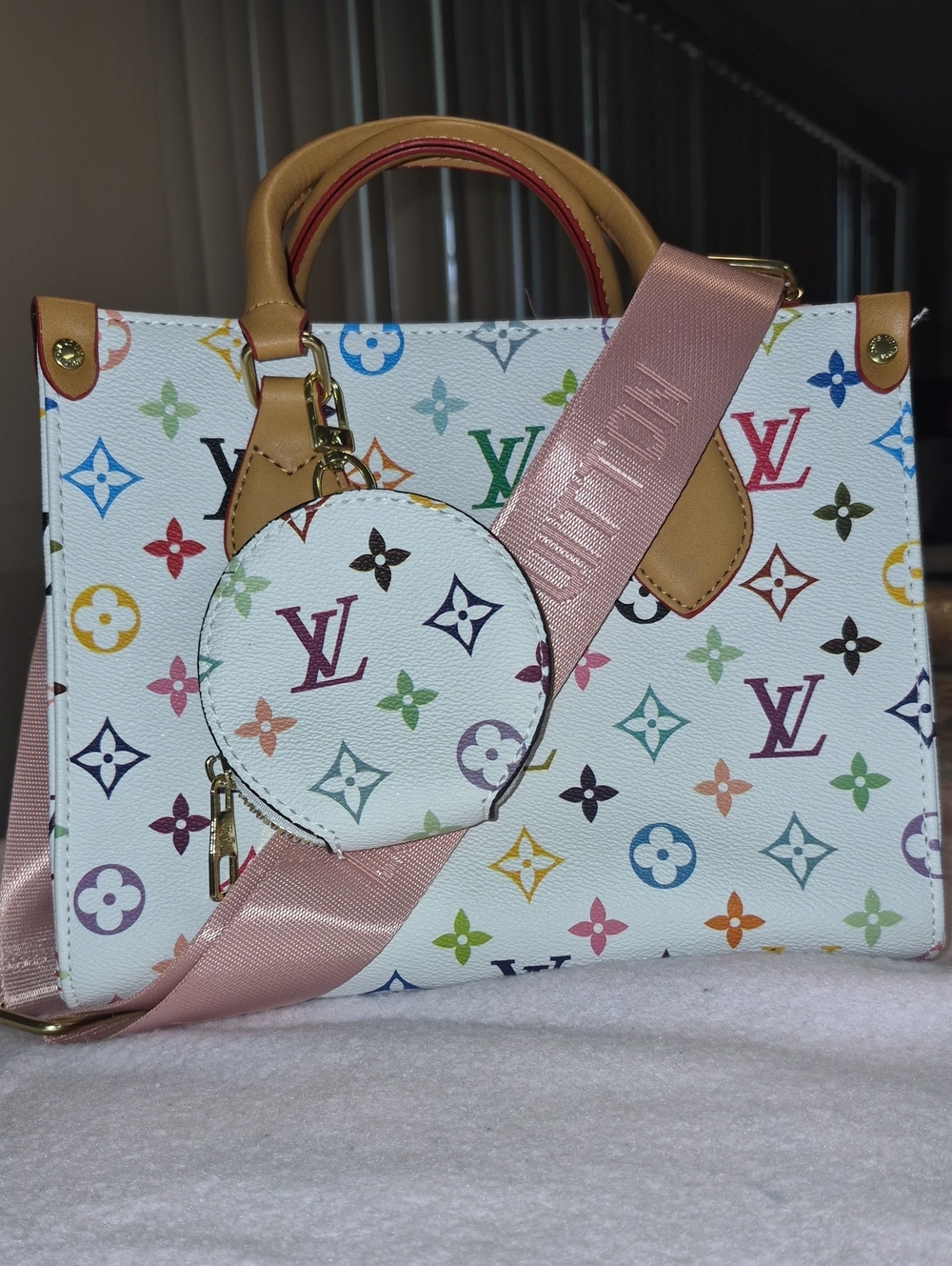 Louis Vuitton White Multicolor Monogram Satchel with Pink Strap